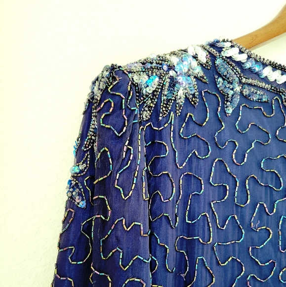 VINTAGE Beaded Sequin Royal Blue Dress - Picture 8 of 8